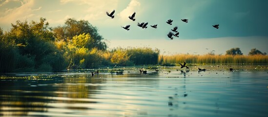 Photo of birds perched on the calm waters of the Danube Delta reservation Wild birds fly Danube Delta. Creative Banner. Copyspace image - obrazy, fototapety, plakaty
