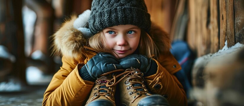 Young frozen girl sitting next to a warm winter shoes and pulled her black knitted hat with a big fur pompom on the face Preparing for the cold weather. Creative Banner. Copyspace image