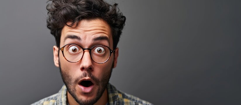 Young hispanic man wearing casual clothes and glasses afraid and shocked with surprise expression fear and excited face. Creative Banner. Copyspace image