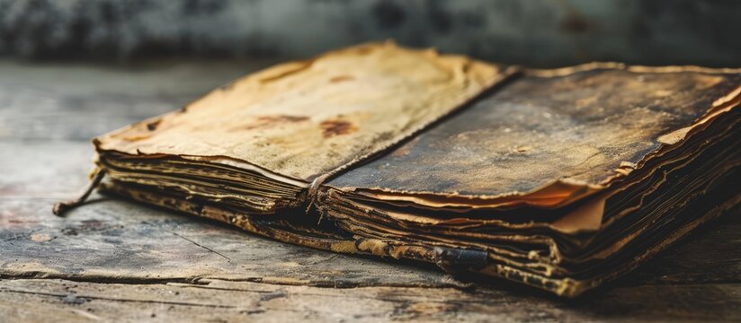 Old open notebook with yellowed and stained pages. Creative Banner. Copyspace image