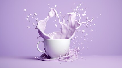  a splash of milk in a white cup on a purple background with a splash of milk coming out of the cup.
