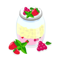 3D Isometric Flat Vector Set of Overnight Puddings, Oats with Fresh Strawberries, Blueberries. Item 3