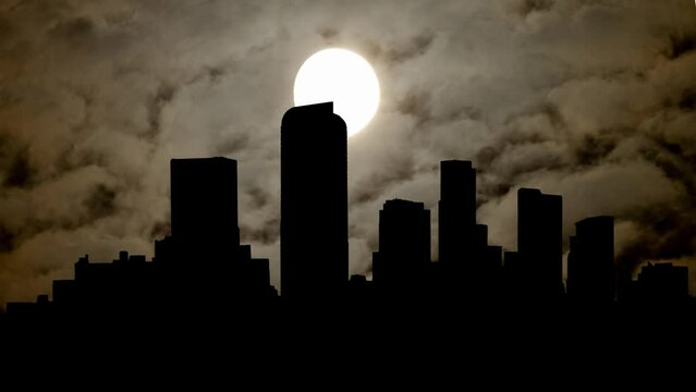 Denver Skyline By Night with Dark Atmosphere, Fog, Smoke, and Full Moon, Colorado, USA