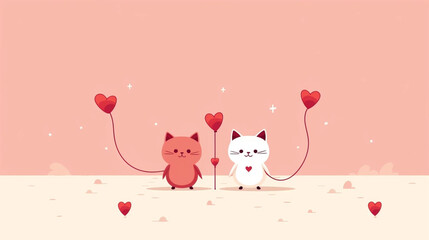 Obraz na płótnie Canvas copy space, simple illustration, valentine cute cats couple falling in love, handdrawn. Cute valentine card with cats. Beautiful background or for valentine’s day. Beautiful background. Valentine’s c