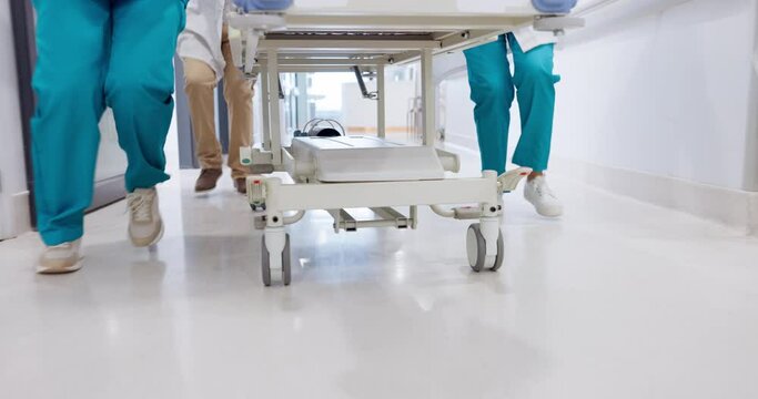 People, doctor and legs running with stretcher for emergency, ICU or quick surgery to save a life at hospital. Closeup of medical group or shoes in rush with bed for healthcare, urgency or support