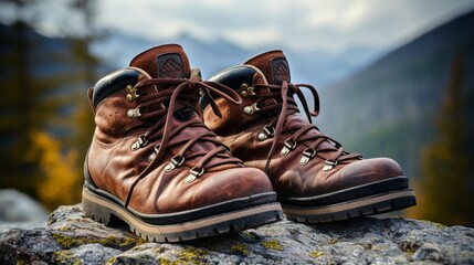 Vintage leather hiking boots on a rocky mountain trail.