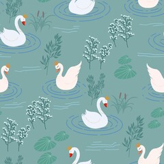 seamless pattern hand painted abstract cute flowers and Swan