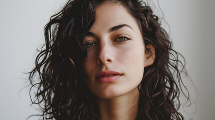 Naklejka premium Natural Beauty Portrait of a Young Woman with Curly Hair on a White Background