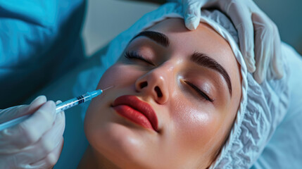 Woman receiving botox, cosmetic hylauronic acid treatment in beauty saloon