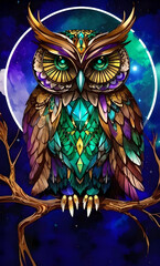 Jewel-toned alcohol ink detailed watercolor owls