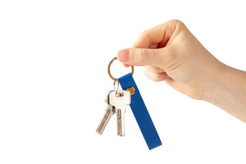 Leather keychain with key ring isolated on white background. Concepts for real estate and moving home or renting property. Buying a property. Mock-up keychain.Copy space.