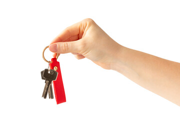 Leather keychain with key ring isolated on white background. Concepts for real estate and moving home or renting property. Buying a property. Mock-up keychain.Copy space.