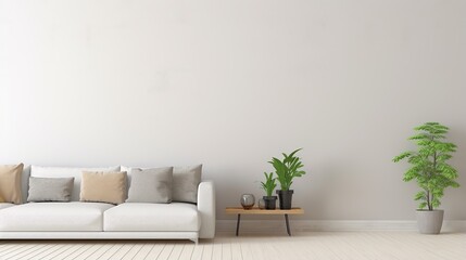 empty white wall for writing, minimalist beige living room interior, sofa on wooden floor, - obrazy, fototapety, plakaty