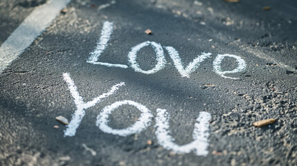"Love You" white chalk written words on the grey dark asphalt