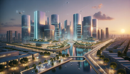 Futuristic smart city at golden hour with serene water reflection.
