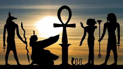 Ancient Egyptian hieroglyphic symbol of gods and Pharaohs,Time Lapse at Sunset with Colorful Clouds - Powered by Adobe