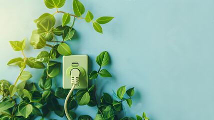 Green Power Cord With Green Leaves Around It. Renewable Energy Concept. Eco Friendly Power with Sustainable Energy. Helping to Save the Planet. Copy Space