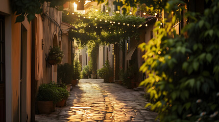 Italian Street with hanging lights shines in the warm sunset light  - obrazy, fototapety, plakaty
