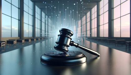 Futuristic AI and Law: Metallic gavel on sleek bench in serene minimalist courtroom.