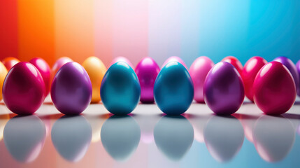 Easter holiday celebration, closeup of colored glittering easter eggs on colorful background, greeting card