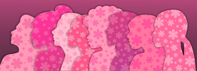 profile Group of Women different race and ethnicity in different shades of pink, women's Day, diversity concept - obrazy, fototapety, plakaty