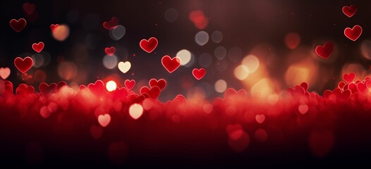 Red hearts background with bokeh lights. Poster or invintation for Valentine's Day event or party. Website header or banner with copy space.