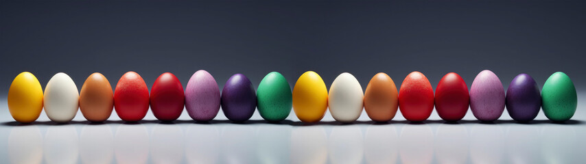 Easter holiday celebration, closeup of colored easter eggs in line on blue background banner,...