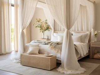 A tranquil bedroom featuring gentle hues, a cozy bed with a delicate canopy, exuding calmness.