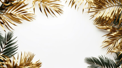 Fototapeta premium Frame with golden and green palm leaves on a white background. Place for text. Generated by artificial intelligence