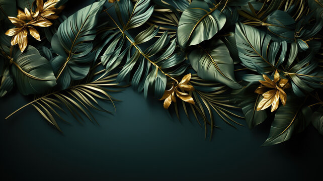 Dark green background with tropical leaves and space for text. Generated by artificial intelligence