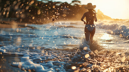 水着の女性が海に向かって水しぶきを上げながら走っている