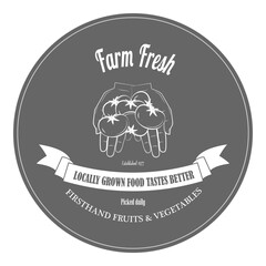 Farm Fresh Products Badge Set Vector Illustration. Contains Images of Barn, Farm Truck, Tractor, Human Hands, Farm Constructions, Tomatoes.. Item 1