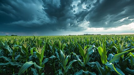 A corn field against the background of a stormy sky filled with dark storm clouds