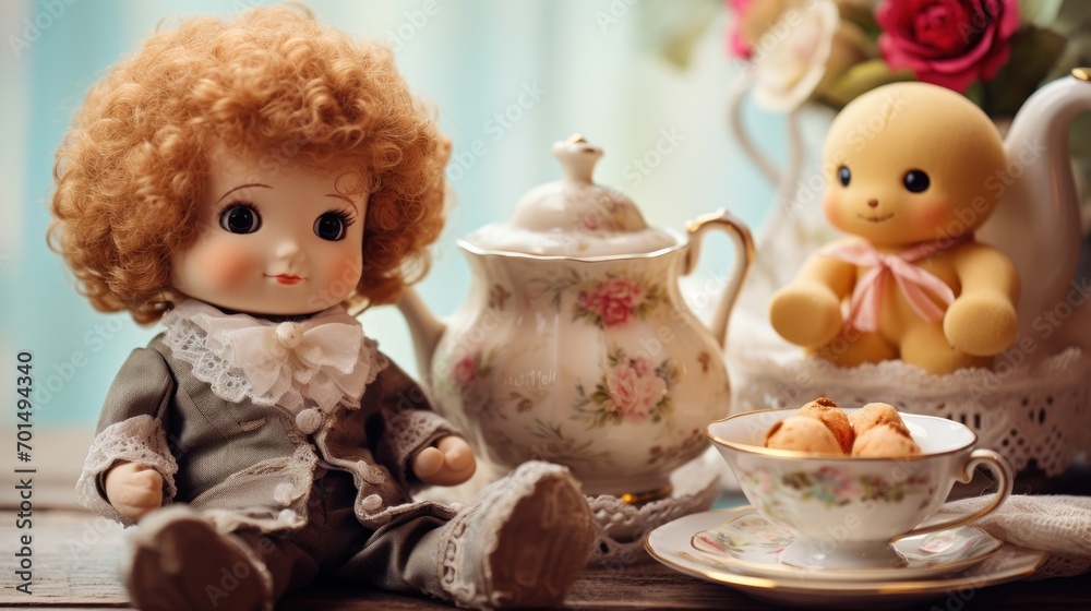 Poster a doll sitting on a table next to a tea pot and a teacup with a teddy bear on it.