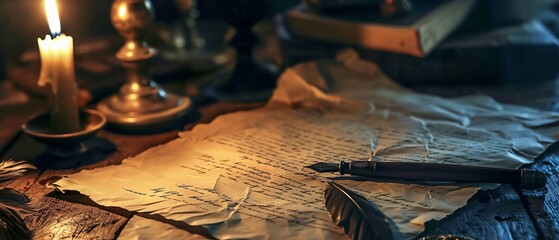 Antique parchment and quill - obrazy, fototapety, plakaty