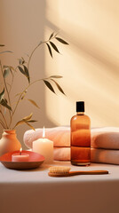 Fototapeta na wymiar Peaceful Spa Setting with Oil, Brush, Plant, Candles and Towels. Warm and inviting spa scene with plant and brush. Create a spa-like atmosphere at home with these essentials