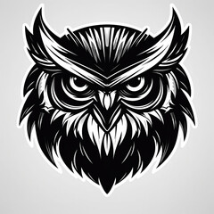 Angry predatory owl, logo, monochrome drawing, bird Icon, owl symbol, angry bird portrait, predator pictogram, for laser engraving