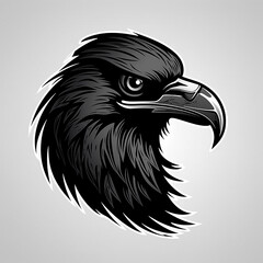 Obraz premium Angry black raven, logo, monochrome drawing, bird Icon, raven symbol, angry bird portrait, predator pictogram, for laser engraving 