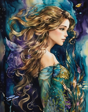 Beautiful Alcohol Ink Watercolor Mermaid Image