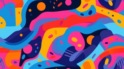 Crédence de cuisine en verre imprimé Vie marine  a multicolored abstract painting of a variety of shapes and sizes on a blue, pink, yellow, orange, and pink background.