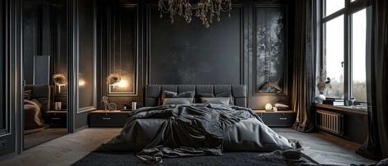 A spacious and luxurious bedroom in dark black tones