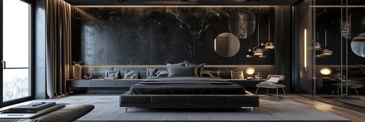 A spacious and luxurious bedroom in dark black tones - obrazy, fototapety, plakaty