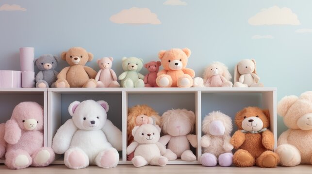  a group of teddy bears sitting on top of a shelf in front of a wall with clouds painted on it.