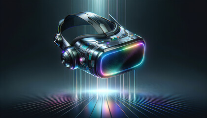 Futuristic VR headset with metallic textures and iridescent hues on a minimalist background.