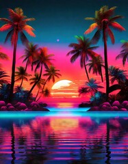 Fototapeta na wymiar Synthwave outrun style wallpaper background with tropical plants