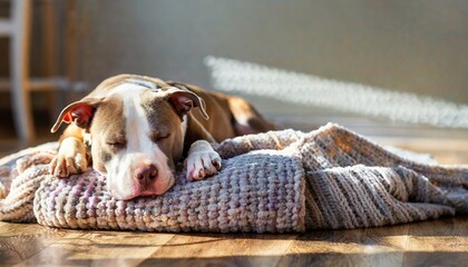 Young pit bull puppy dog sleeping on knitted blanket - obrazy, fototapety, plakaty