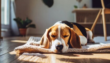 Young Beagle puppy dog sleeping on knitted blanket