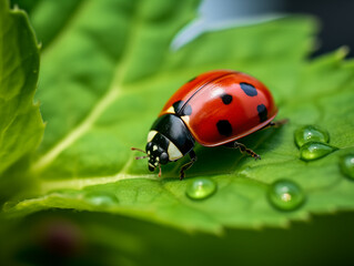Obraz premium Close-up of ladybug resting on leaf covered with fresh dew drops, ideal for nature, macro photography and environmental themes.