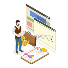 3D Isometric Flat Vector Illustration of Financial Analysis, Stock Trading, Planning Investment Strategy. Item 3