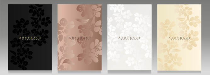 Floral cover set. Elegant design, botanical pattern, gradient shiny effect. Black, platinum and pink backgrounds with small silhouette flowers.